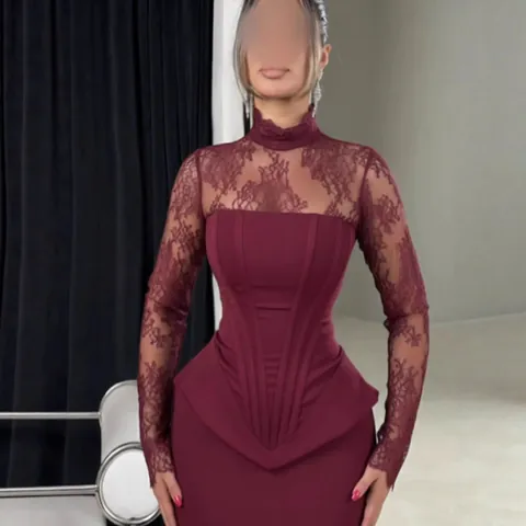 Robe de Soirée Sirène Élégante pour Femme Patchwork en Dentelle Manches Longues Coupe Slim Bodycon Rouge Vin Taille Haute avec Traîne Banquet Formel