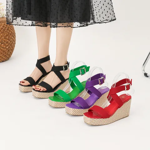 Sandalias de Cuña Estilo Vacaciones para Mujer Plataforma de Paja Tela Hebilla de Tiras en T Casual Sandalias Romanas Cómodas