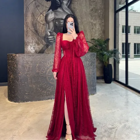 Women Elegant Lace Long Sleeve Maxi Dress Vintage Slim Fit V Neck Hollow Out Corset Gown With High Slit For Party Wedding Banquet Evening Wear