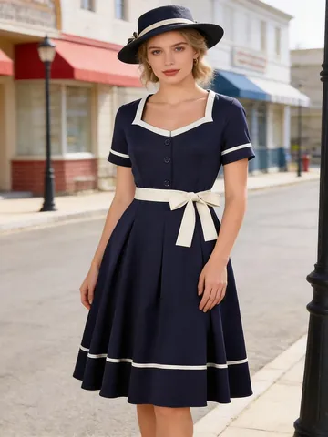 French Vintage Midi Dress Women Polyester Color Block Big Swing Dress Elegant Hepburn Style Performance Party Midi Dress
