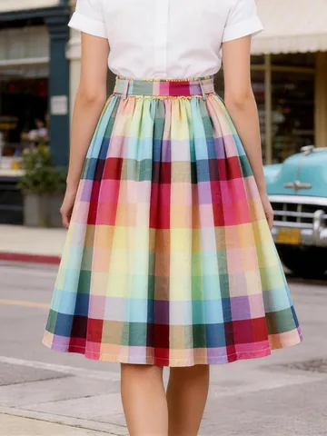 Retro Rainbow Plaid Midi Skirt Women High Elastic Waist A-Line Large Swing Skirt With Belt Streetwear Fashion Skirt Bottom