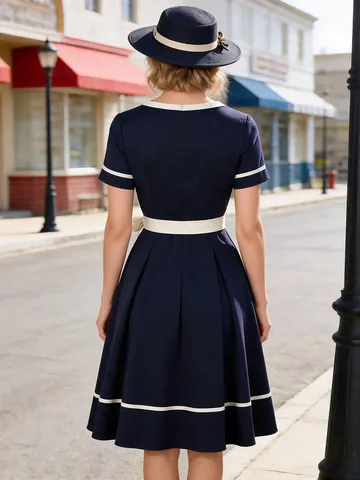 French Vintage Midi Dress Women Polyester Color Block Big Swing Dress Elegant Hepburn Style Performance Party Midi Dress