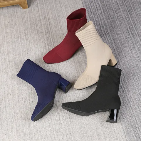 Women's Knit Stretch Ankle Boots Square Toe Chunky High Heel Sock Boots Breathable Slip-on Fashion Short Boots