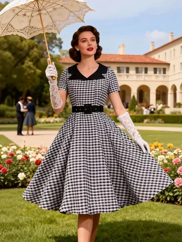 Vintage Black And White Gingham Dress For Women Contrast Collar Short Sleeve Retro Swing A-Line Midi Dress With Belt