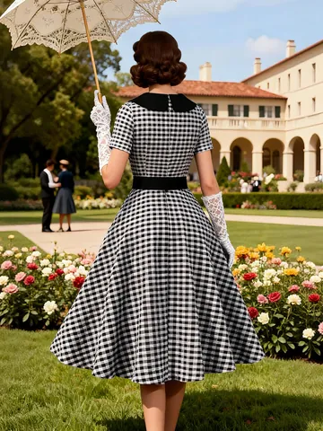 Vintage Black And White Gingham Dress For Women Contrast Collar Short Sleeve Retro Swing A-Line Midi Dress With Belt