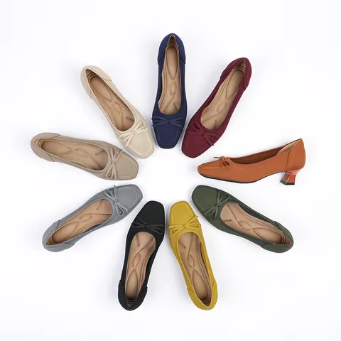 Women Bowknot Knitted Square Toe Block Heel Pumps Breathable Shallow Mouth Casual Slip On Dress Shoes High Heels Office Lady Comfort Fashion