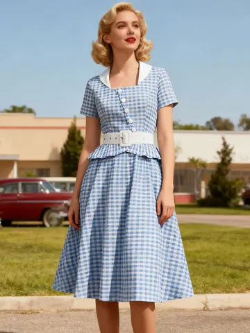 Women's Vintage Elegant Blue and White Gingham Midi Dress with Contrast White Collar and Belt Peplum A-Line Retro Party Dress