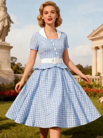 Women's Vintage Elegant Blue and White Gingham Midi Dress with Contrast White Collar and Belt Peplum A-Line Retro Party Dress