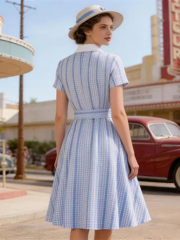 Women Vintage Gingham Swing Dress Contrast Shirt Collar Short Sleeve High Waist Plaid Midi Dress With Belt For Party