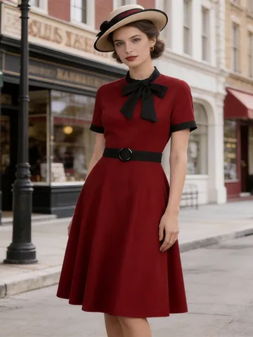 Vintage Wine Red Bow Midi Dress For Women Retro Contrast Short Sleeve A-Line Swing Dress With Belt For Party Daily Wear