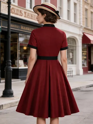 Vintage Wine Red Bow Midi Dress For Women Retro Contrast Short Sleeve A-Line Swing Dress With Belt For Party Daily Wear