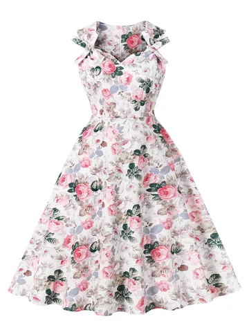 Robe Midi Imprimée Fleurie Vintage Français Femmes Coupe Ajustée Col V Nœud Sans Manches Ligne A Été