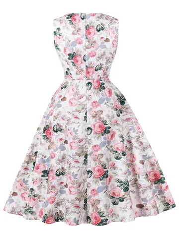 Robe Midi Imprimée Fleurie Vintage Français Femmes Coupe Ajustée Col V Nœud Sans Manches Ligne A Été