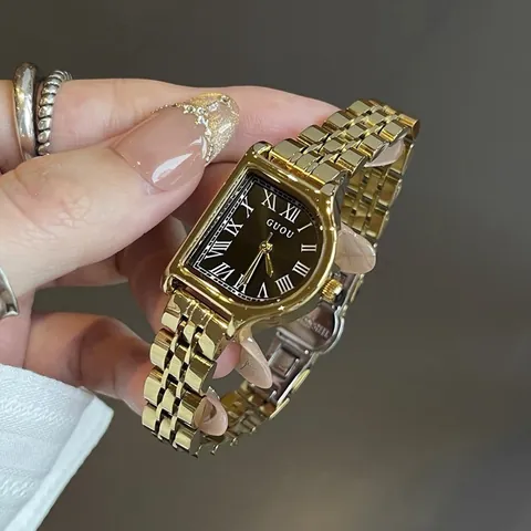 Reloj de Cuarzo para Mujer Vintage GUOU Caja de Aleación Correa de Metal Números Romanos Esfera Irregular Elegante Reloj de Pulsera