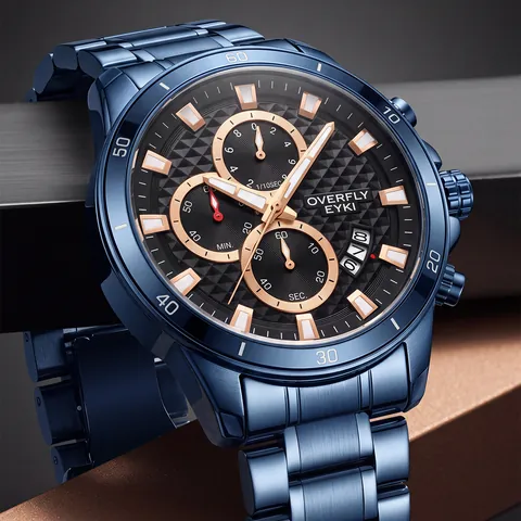 Reloj de Cuarzo Multifuncional para Hombre con Cronógrafo Calendario Correa de Aleación Espejo de Vidrio Mineral Impermeable