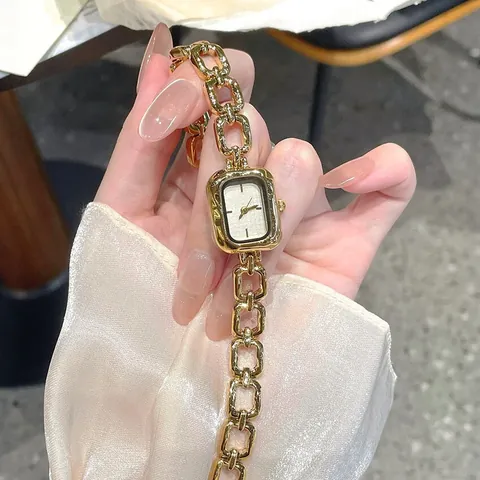 Vintage Women Rectangular Quartz Watch Minimalist Gold Silver Plated Chain Link Strap Luxury Elegant Ladies Fashion Wristwatch