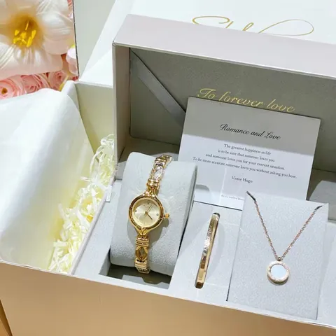 Women Vintage French Style Watch Jewelry Gift Set For Valentine's Day Alloy Rhinestone Bracelet Necklace Watch Set For Girlfriend Women Jewelry