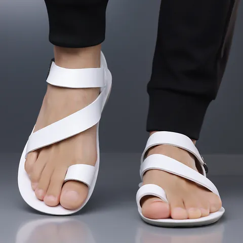 Men Summer PU Leather Sandals Fashion Street Style Toe Loop Cross Strap Adjustable Buckle Breathable Beach Shoes Outdoor Youth