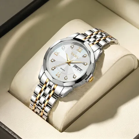 Reloj de Cuarzo de Lujo para Mujer Bicolor Dorado Correa de Aleación Esfera de Strass Día Fecha Calendario Moda Elegante