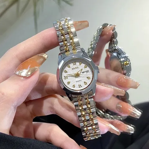 Reloj de Cuarzo de Lujo para Mujer Bicolor Dorado Correa de Aleación Esfera de Strass Día Fecha Calendario Moda Elegante