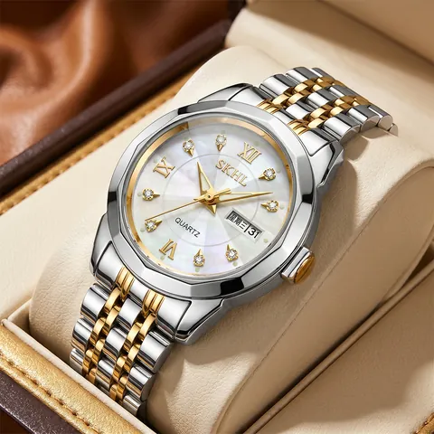 Reloj de Cuarzo para Mujer de Lujo Impermeable Aleación Plata Oro Bicolor Doble Calendario Índices de Strass Luminosos