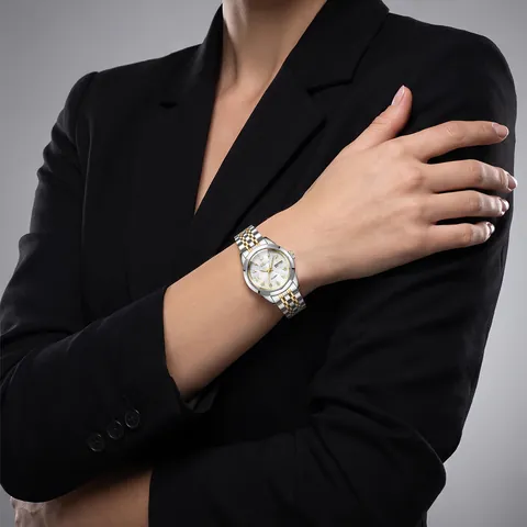 Reloj de Cuarzo para Mujer de Lujo Impermeable Aleación Plata Oro Bicolor Doble Calendario Índices de Strass Luminosos