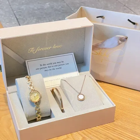 Women Vintage French Style Watch Jewelry Gift Set For Valentine's Day Alloy Rhinestone Bracelet Necklace Watch Set For Girlfriend Women Jewelry