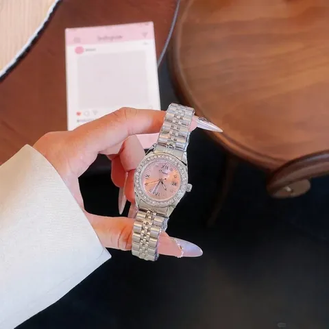 Reloj de Cuarzo Elegante para Mujer Bisel de Strass Pulsera de Eslabones de Aleación Números Romanos Clásicos Calendario Joyería