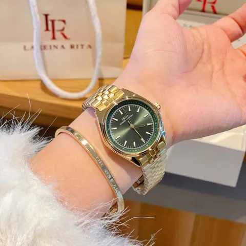 Orologio al Quarzo di Lusso da Donna Elegante Cinturino in Lega d'Oro Quadrante Rotondo Impermeabile Specchio in Vetro Minerale per Feste Quotidiane