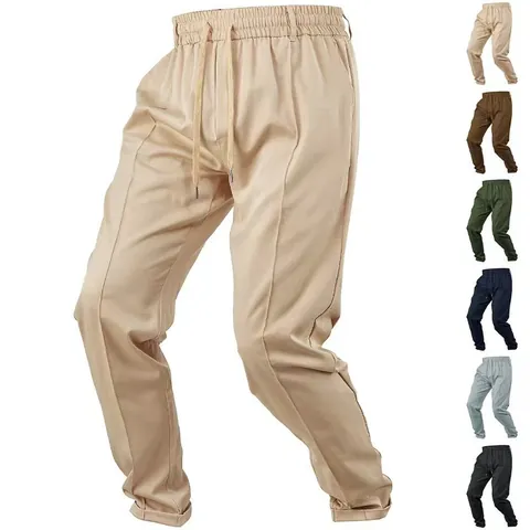 Casual Polyester Herenbroek Elastische Taille Met Trekkoord Rechte Pijpen Effen Kleur Ademend Vakantie Strandstijl