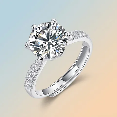 Anello di Lusso in Argento Sterling 925 Moissanite per Donna Classico a Sei Griffe Taglio Rotondo Colore D Diamante di Laboratorio Regolabile