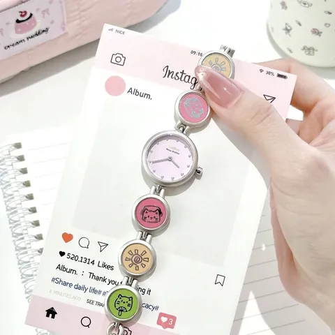 Reloj de Pulsera de Cuarzo Dulce para Estudiantes Chicas Esfera Redonda Minimalista Lindo Gato de Dibujos Animados Sol de Aleación para Escuela Examen Diario