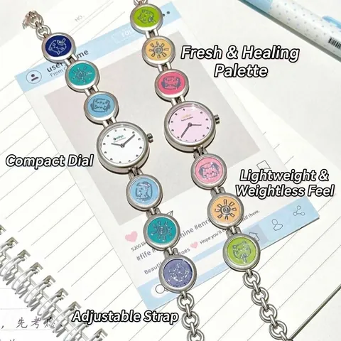 Reloj de Pulsera de Cuarzo Dulce para Estudiantes Chicas Esfera Redonda Minimalista Lindo Gato de Dibujos Animados Sol de Aleación para Escuela Examen Diario