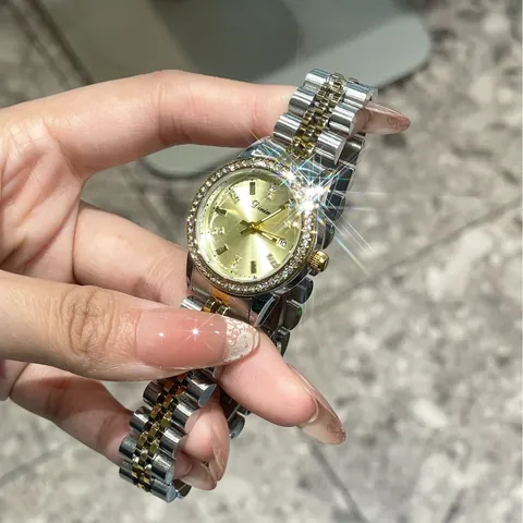 Luxus Damen Quarzuhr Elegante Strass Lünette Legierung Gliederarmband Armbanduhr Mode Damen Dress Watch Mit Kalenderfunktion