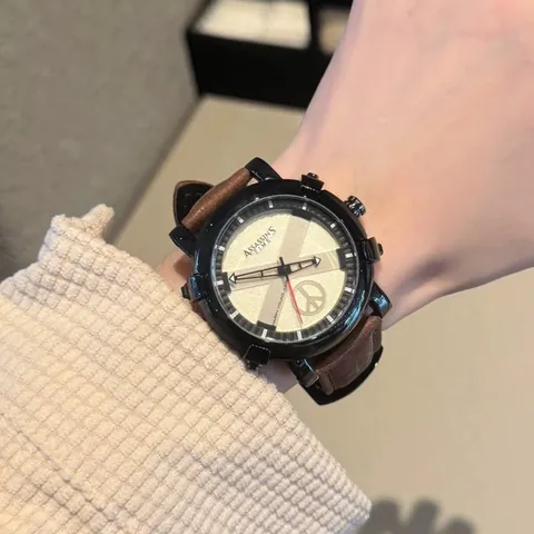 Unisex Fashion Quartz Watch Genuine Leather Strap Peace Sign Vintage Casual Sports Watch for Men Women Accessory