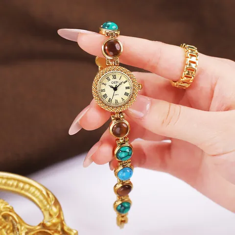 GEDI Women Retro Quartz Bracelet Watch Vintage Light Luxury Gold Tone Jewelry Bangle Watch With Turquoise Pearl Stones For Women