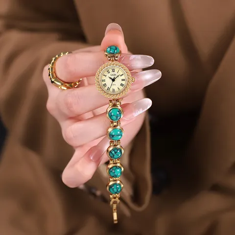 Women Vintage Jewelry Bracelet Watch Luxury Quartz Wristwatch With Colorful Stone Inlaid Metal Chain Elegant Accessory