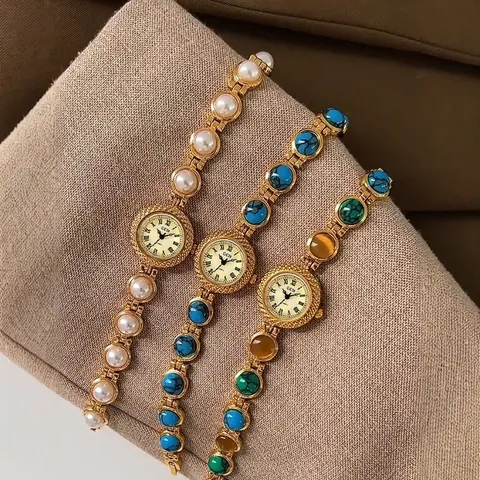 GEDI Women Retro Quartz Bracelet Watch Vintage Light Luxury Gold Tone Jewelry Bangle Watch With Turquoise Pearl Stones For Women
