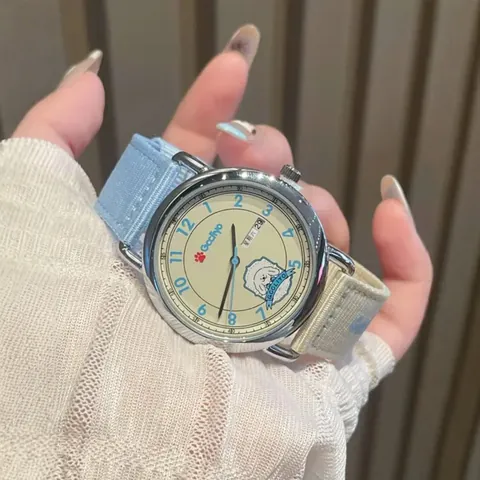 GCCLIYO Women Fashion Quartz Watch Contrast Canvas Strap Embroidered Cartoon Dog Dial Dual Calendar Alloy Case Wristwatch