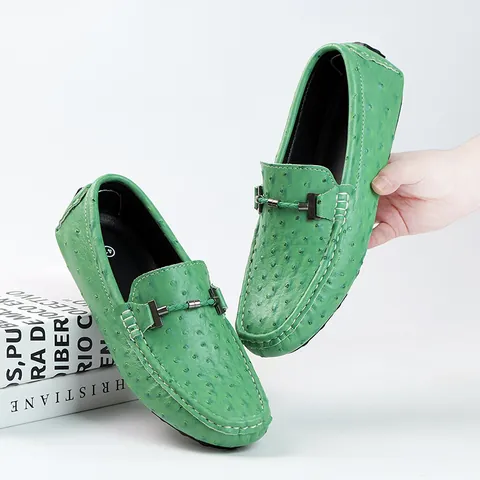 Mocasines de Hombre de Cuero Dividido con Patrón de Avestruz Zapatos de Conducción Casuales Italianos con Bocado Transpirables