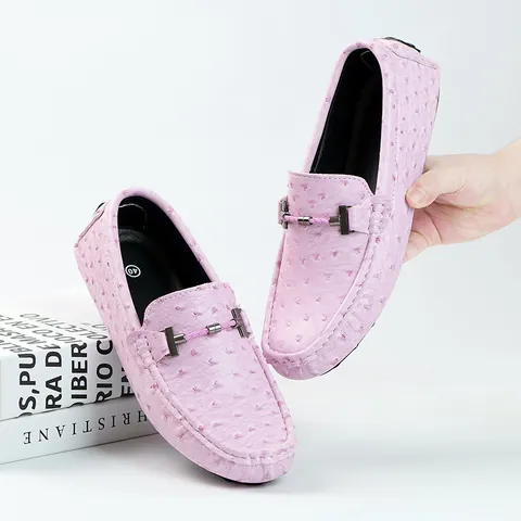 Mocasines de Hombre de Cuero Dividido con Patrón de Avestruz Zapatos de Conducción Casuales Italianos con Bocado Transpirables