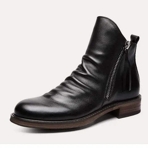Men Vintage Pleated PU Leather Boots Retro Knight Cowboy Mid-Tube Boots Side Zipper Casual Western Style Short Boots