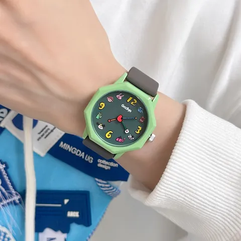 Japanese Minimalist Cartoon Student Quartz Watch Waterproof Octagonal Case Silicone Strap Colorful Wristwatch For Girls Women