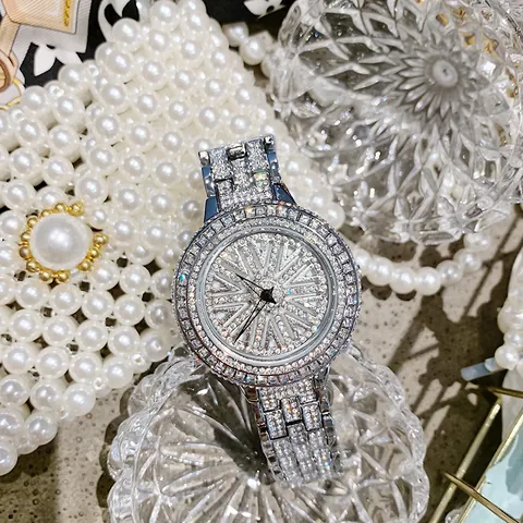 Women Luxury Quartz Watch Sparkling Rotating Spinner Dial Full Rhinestone Inlaid Alloy Band Waterproof Trendy Wristwatch Jewelry Gift