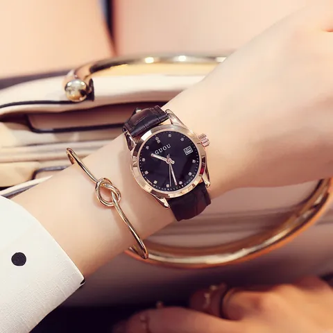 Women's Fashion Quartz Watch With Calendar Function Rhinestone Markers Rose Gold Alloy Case And Leather Strap Casual Wristwatch