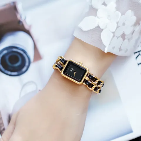 Gedi Elegant Women Quartz Watch Rectangular Dial Fashion Braided Chain Strap Hand Chain Style Wristwatch For Ladies Gift