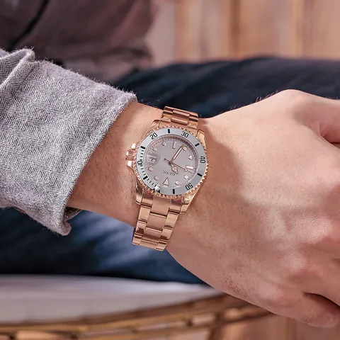 GUOU Men's Fashion Business Quartz Watch With Calendar Luminous Hands Rotating Bezel Rose Gold Alloy Band Wrist Watch