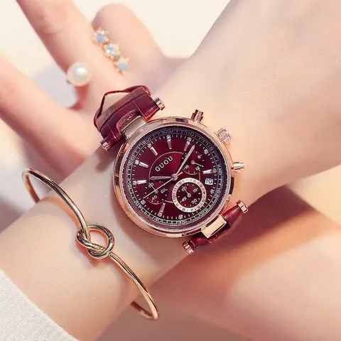 GUOU Women Fashion Quartz Watch Three-Eye Large Dial Rose Gold Case Rhinestone Accent Leather Stainless Steel Strap Calendar Watch