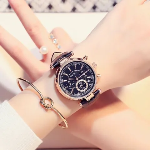 GUOU Women Fashion Quartz Watch Three-Eye Large Dial Rose Gold Case Rhinestone Accent Leather Stainless Steel Strap Calendar Watch