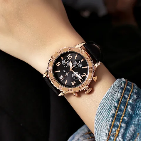 GUOU Trendy Women Quartz Watch Large Dial Multi Function Chronograph Calendar Rose Gold Case Leather Steel Strap Neutral Wristwatch